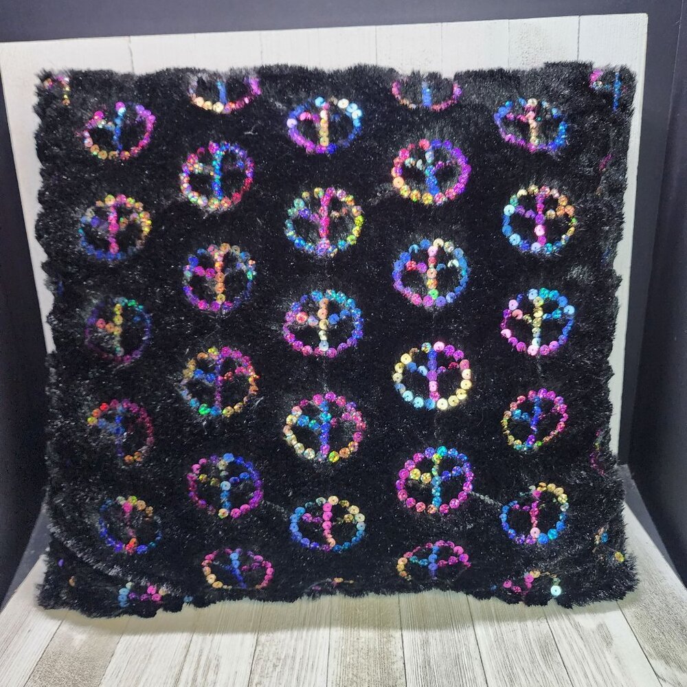 Brunton Faux Fur Pillow Peace Bling Design 20x20 Black Home Accent Decor
